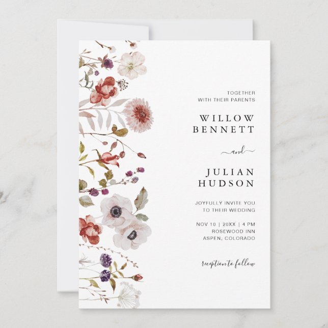 Invitation Mariage Floral Aquarelle Bourguignon Rosé (Devant)