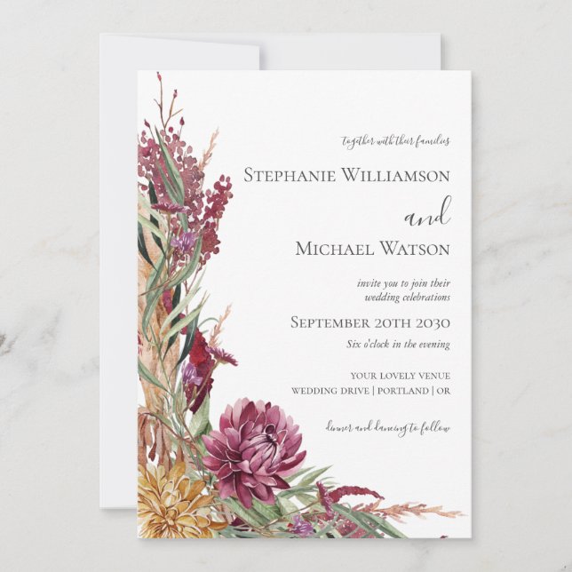 Invitation Mariage Floral Aquarelle Chrysanthèmes d'Automne (Devant)