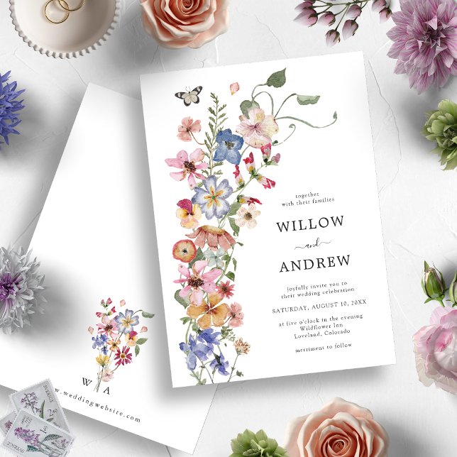 Invitation Mariage Floral Aquarelle Coloré (Colorful Watercolor Wildflower with Monogrammed Back Wedding Invitation by Painted Paperie)