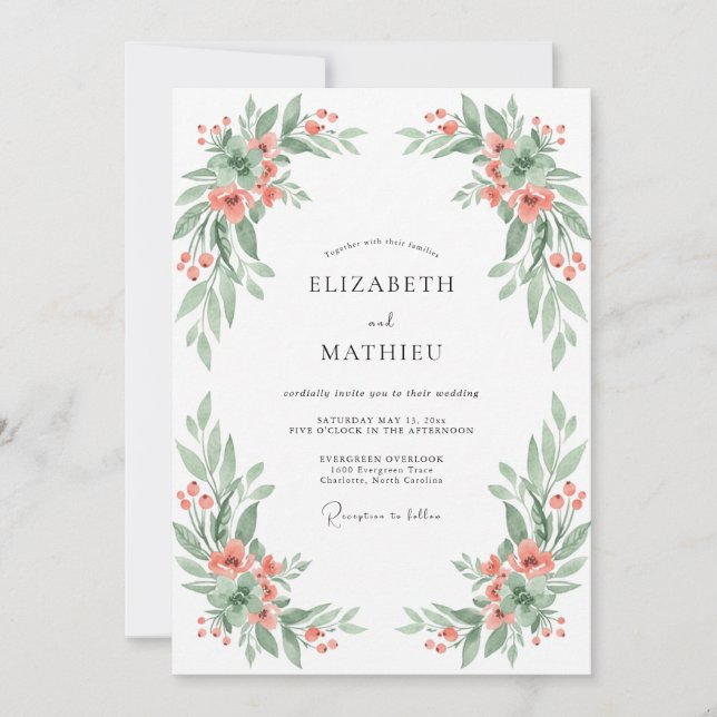 Invitation Mariage Floral Aquarelle Corail (Devant)