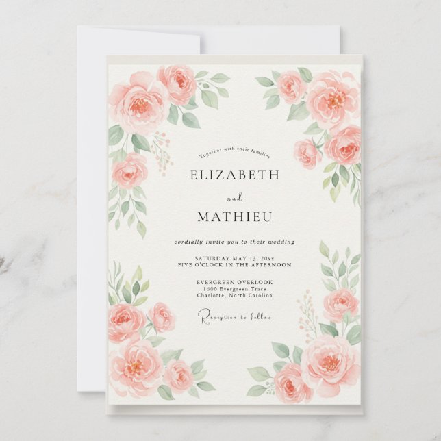 Invitation Mariage Floral Aquarelle Corail (Devant)