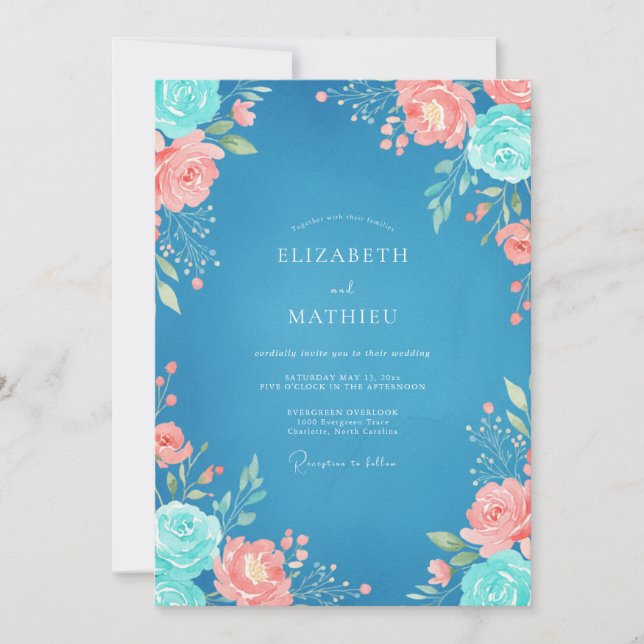 Invitation Mariage Floral Aquarelle Corail Azur (Devant)