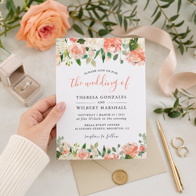 Invitation Mariage Floral Aquarelle Corail et Pêche (Créateur téléchargé)