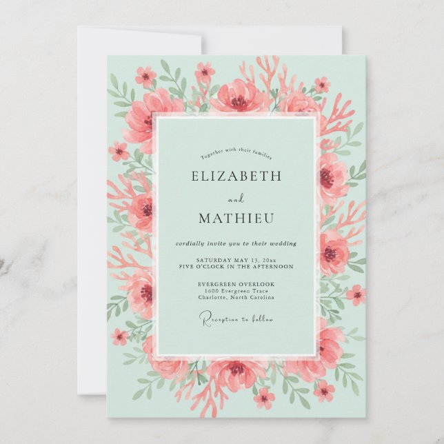Invitation Mariage Floral Aquarelle Corail Menthe (Devant)