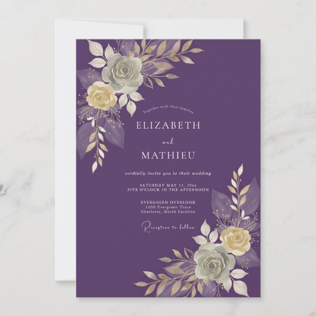 Invitation Mariage Floral Aquarelle Crème de Prune (Devant)