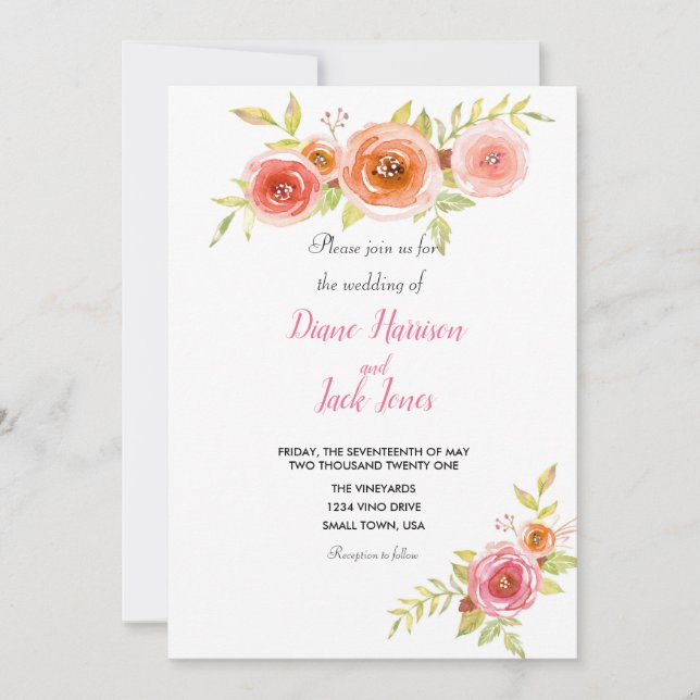 Invitation Mariage floral aquarelle de roses (Devant)