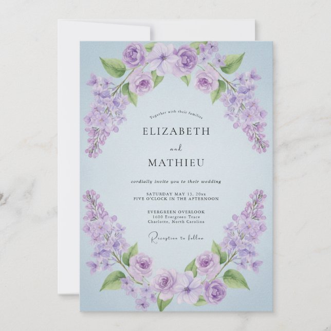 Invitation Mariage Floral Aquarelle Douce Lilas (Devant)