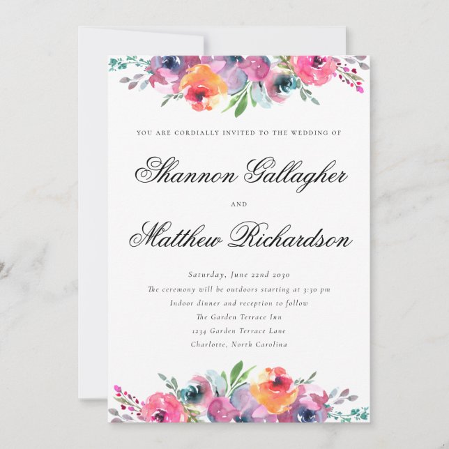 Invitation Mariage Floral Aquarelle Écriture Élégante (Devant)