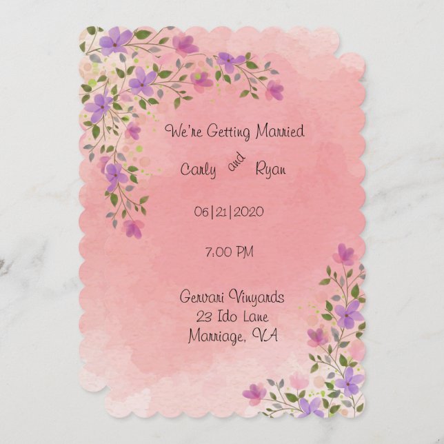 Invitation Mariage Floral Aquarelle Élégant Rose (Devant / Derrière)