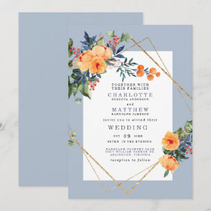 Invitation Mariage Floral Aquarelle Fond Bleu