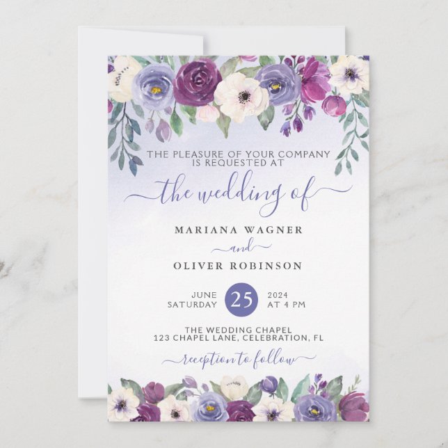 Invitation Mariage Floral Aquarelle Fuchsia et Pervenche Blus (Devant)