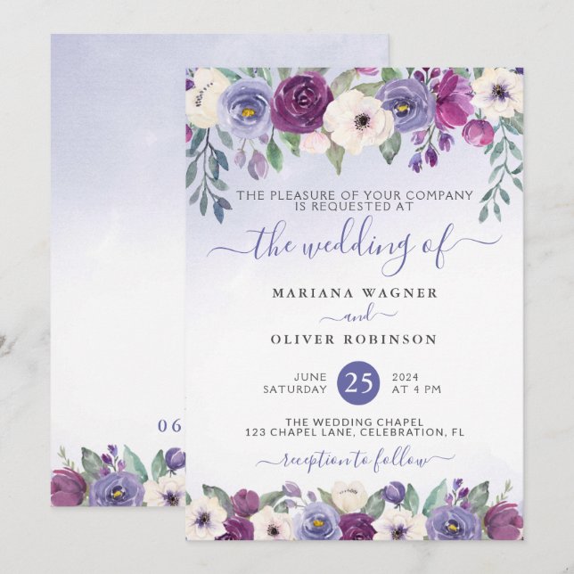 Invitation Mariage Floral Aquarelle Fuchsia et Pervenche Blus (Devant / Derrière)