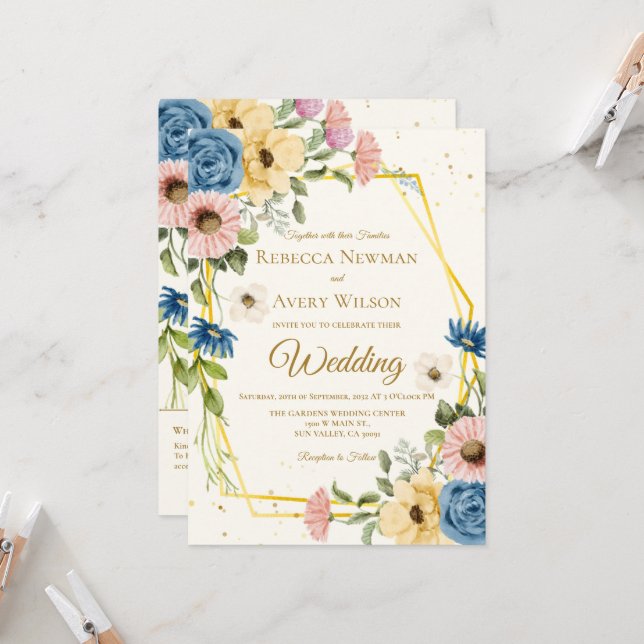 Invitation Mariage Floral Aquarelle Géométrique (Devant/Arrière en situation)