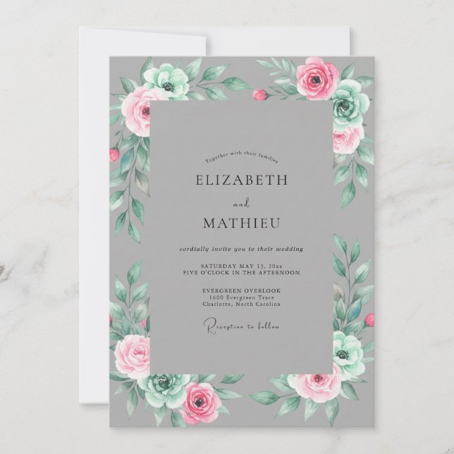 Invitation Mariage Floral Aquarelle Gris Douce (Devant)