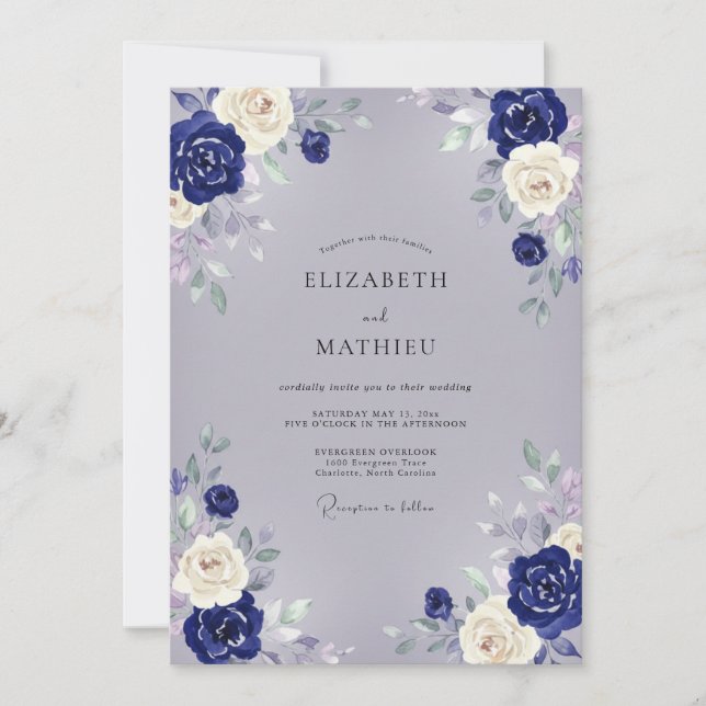 Invitation Mariage Floral Aquarelle Gris Marine (Devant)