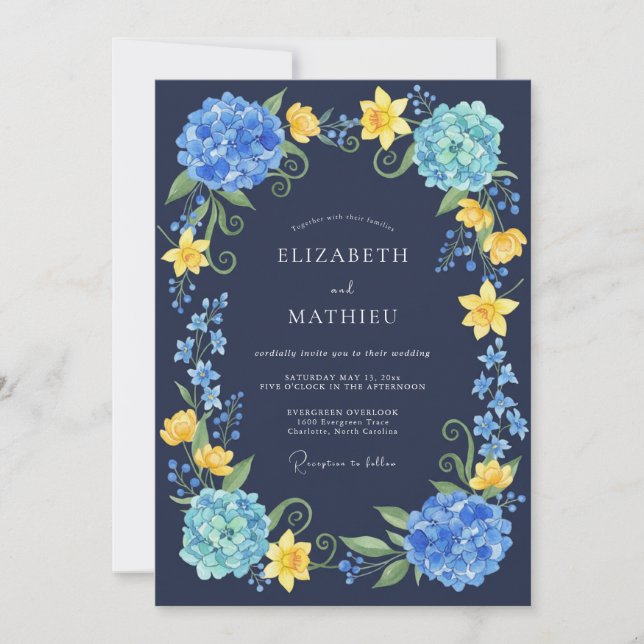 Invitation Mariage Floral Aquarelle Hydrangea Bleu Marine (Devant)