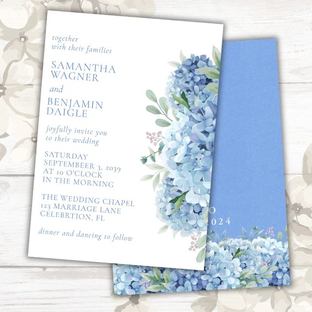 Invitation Mariage Floral Aquarelle Hydrangeas Bleus Modernes (Créateur téléchargé)