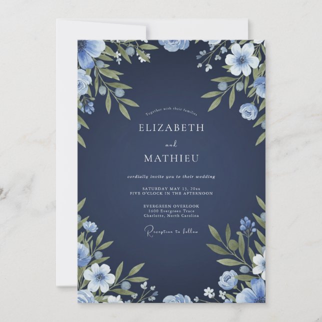 Invitation Mariage Floral Aquarelle Indigo (Devant)