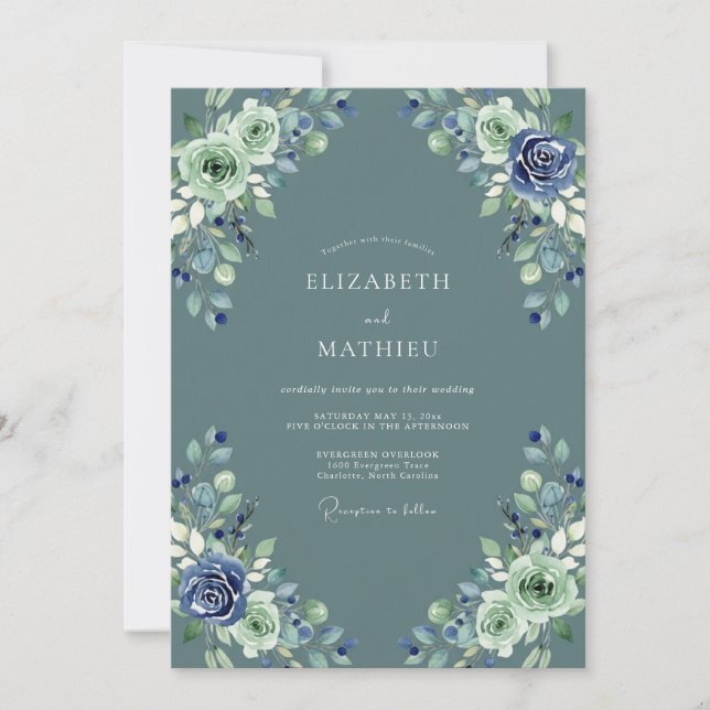 Invitation Mariage Floral Aquarelle Indigo Mousse de Mer (Devant)