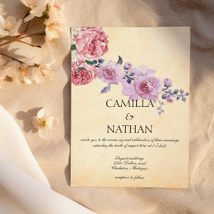 Invitation Mariage floral aquarelle ivoire lilas rose vintage