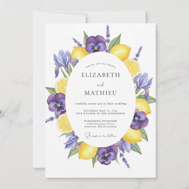 Invitation Mariage Floral Aquarelle Jaune Violet (Devant)