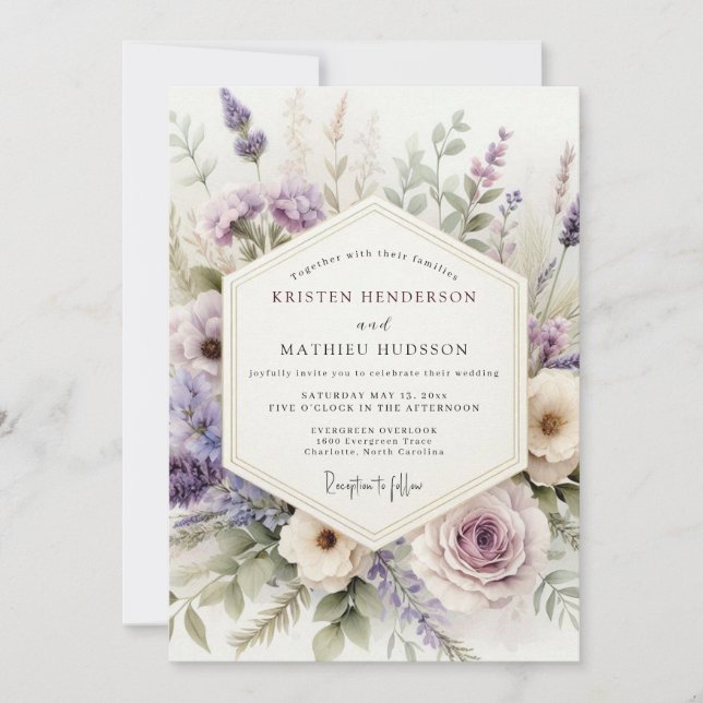 Invitation Mariage Floral Aquarelle Lilas (Devant)