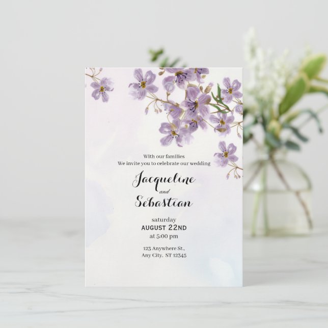 Invitation Mariage Floral Aquarelle Lilas Douce (Debout devant)
