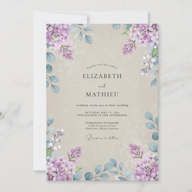 Invitation Mariage Floral Aquarelle Lilas Pervenche (Devant)