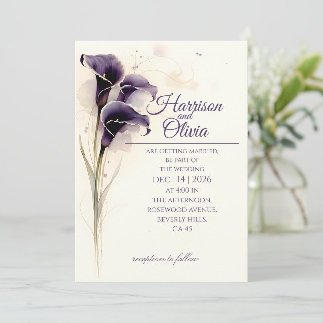 Invitation Mariage floral aquarelle lis calla violet profond (Debout devant)