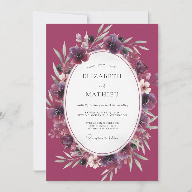 Invitation Mariage Floral Aquarelle Magenta (Devant)
