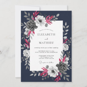 Invitation Mariage Floral Aquarelle Magenta et Marine
