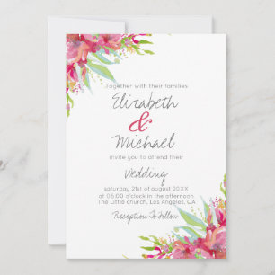 Invitation Mariage Floral Aquarelle Magenta Rose Élégant