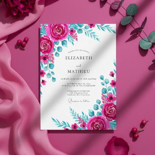 Invitation Mariage Floral Aquarelle Magenta Sarcelle