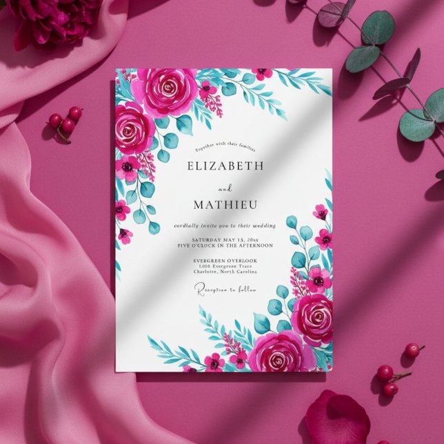 Invitation Mariage Floral Aquarelle Magenta Sarcelle (Créateur téléchargé)