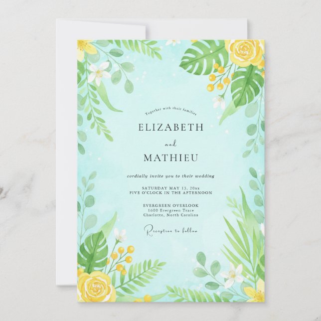 Invitation Mariage Floral Aquarelle Menthe (Devant)
