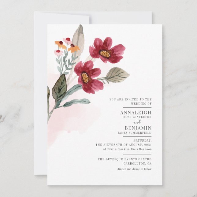 Invitation Mariage Floral Aquarelle Minimaliste (Devant)