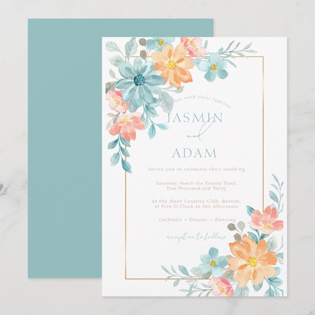 Invitation Mariage Floral Aquarelle Moderne Aqua Péché (Devant / Derrière)