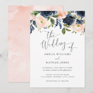 Invitation Mariage Floral Aquarelle Moderne Bleu Nuit