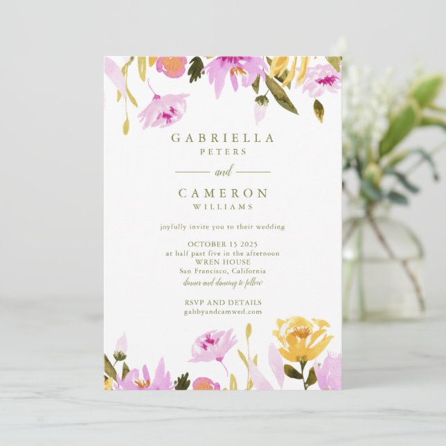 Invitation Mariage Floral Aquarelle Moderne Olive Rose (Debout devant)