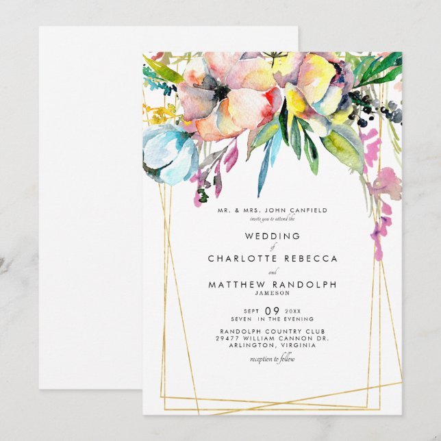Invitation Mariage Floral Aquarelle Multicolore (Devant / Derrière)