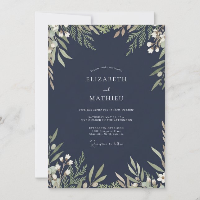 Invitation Mariage Floral Aquarelle Navy Evergreen (Devant)