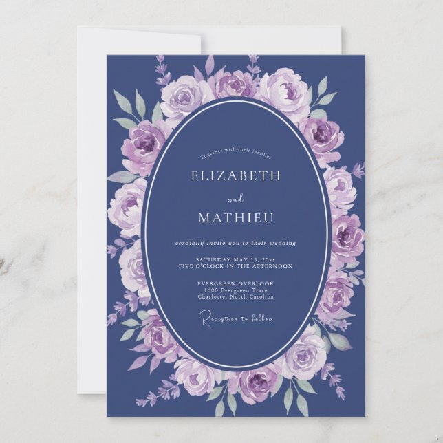 Invitation Mariage Floral Aquarelle Navy Lavande (Devant)