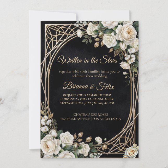 Invitation Mariage floral aquarelle noir et blanc  (Devant)