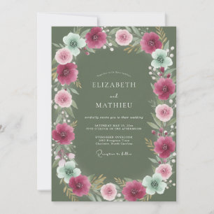 Invitation Mariage Floral Aquarelle Olive Magenta