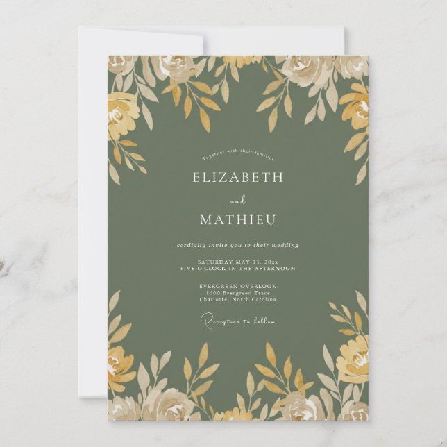 Invitation Mariage Floral Aquarelle Olive Or (Devant)