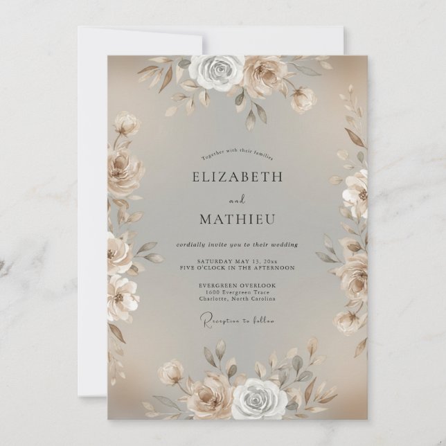 Invitation Mariage Floral Aquarelle Or Champagne (Devant)