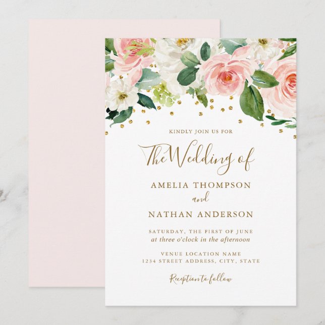 Invitation Mariage Floral Aquarelle Or Rose (Devant / Derrière)