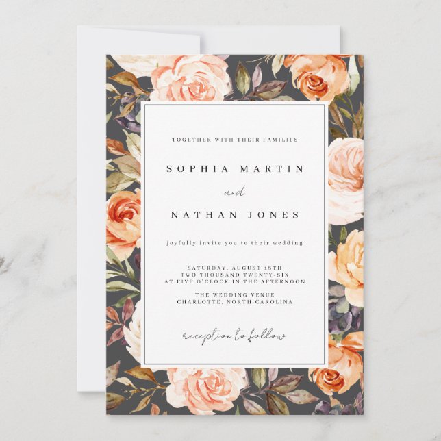 Invitation Mariage Floral Aquarelle Orange Brûlé Gris Automne (Devant)