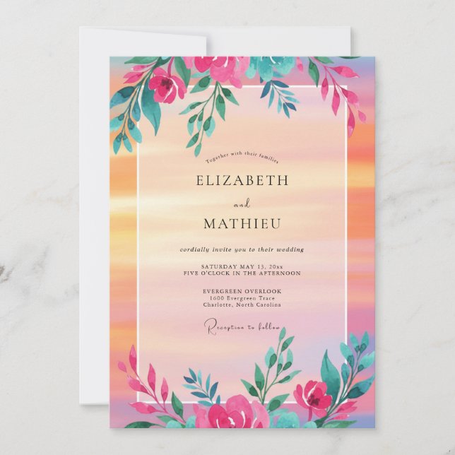 Invitation Mariage Floral Aquarelle Orange Chaud (Devant)