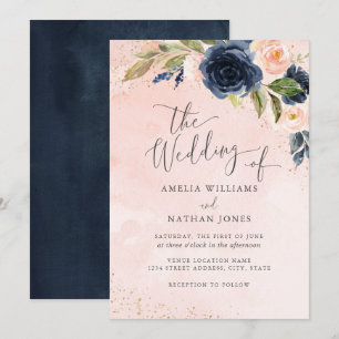 Invitation Mariage Floral Aquarelle Pailleté Navy Blush